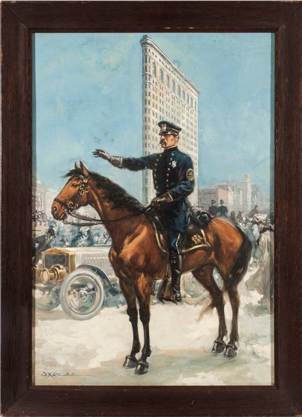 Frank Tolles Chamberlain (1873-1961)
Policeman on Horseback, Flatiron District
Mixed Media on Paper
24 x 16 ¾ inches
Signed lower left Frank Tolles Chamberlain Policeman on Horseback, Flatiron Framed