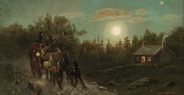 CLINTON LOVERIDGE (1824-1915)
Carriage by Moonlight
Oil on canvas
7 x 13 1/16 inches
Signed lower left Clinton Loveridge Carriage by Moonlight Unframed