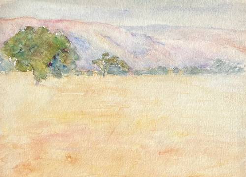 Carolyn Campbell Mase Field with Trees and Mountains