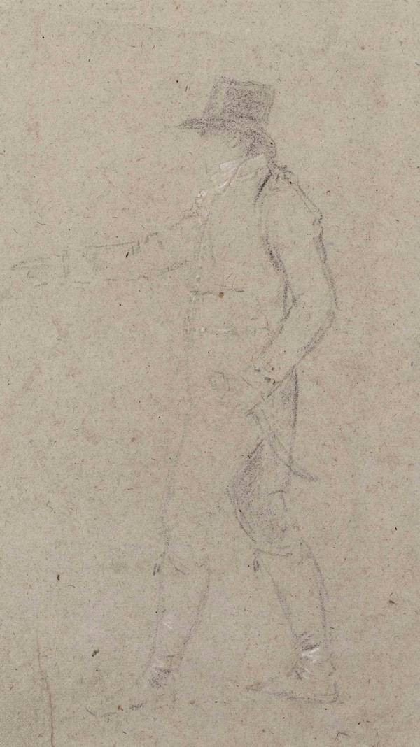Benjamin West (1738 - 1820)
Two Studies for The Death of Nelson, c. 1806
Pen and brown ink on paper
15 1/8 x 10 ¼ inches Benjamin West Study for the Death of Nelson (I)_unframed