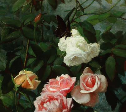 George Cochran Lambdin Still-life of Roses and Butterfly