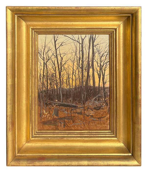 Lockwood DeForest (1850-1932) Dusk Forest Scene, Catskills Oil on artist’s card stock 9 ½ x 7 inches Signed and dated May 13, 1875 Lockwood DeForest Dusk Forest Scene, Catskills
