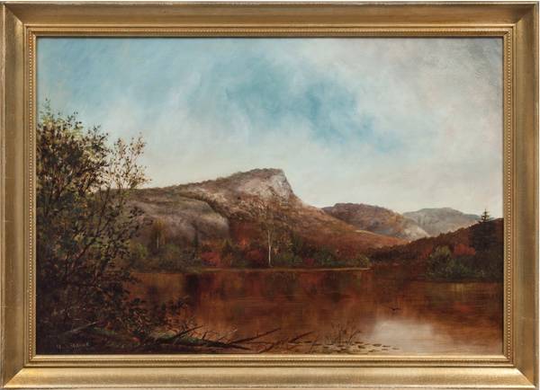 IDA H. STEBBINS (b. 1851)
View of South Pond, New York, 1879
Oil on canvas
23 x 33 ½ inches
Signed and dated, lower left IDA H. STEBBINS View of South Pond, New York Framed