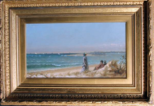 THOMAS HICKS (1823–1890)
Great Egg Harbor
Signed and dated T. Hicks N.A./ 1879; also signed with monogram, dated and dedicated on the reverse: A souvenir of
Great Egg Harbor/ merry Xmas to A.H. Dey
Oil on canvas
10 x 18 inches (26 x 45.7 cm) Thomas Hicks Great Egg Harbor Framed
