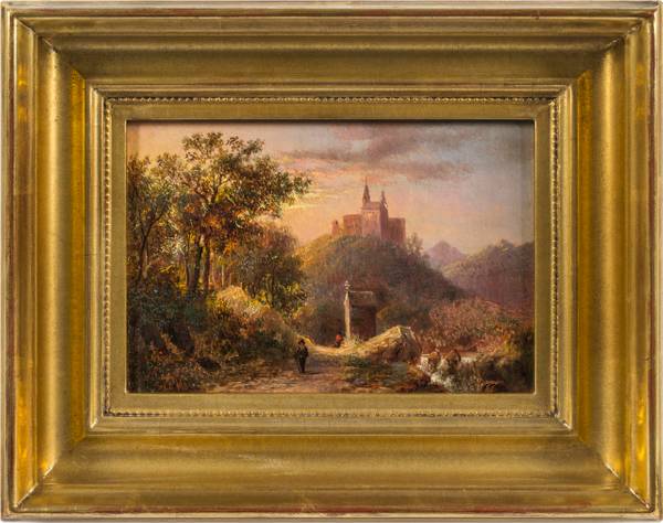 Joseph Antonio Hekking (1830-1903)
Chapel by the Wayside, Italian Scenery
Oil on panel
5 x 7 1/4 inches
Signed lower left; inscribed with title, verso Joseph Antonio Hekking Chapel by the Wayside talian Scenery framed