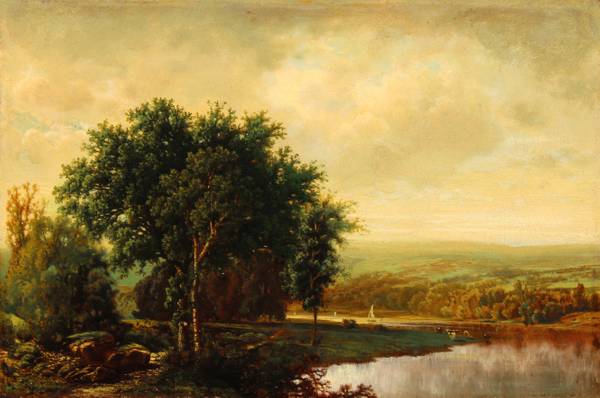 Julie Hart Beers (1835-1913) The River Bend (Summer Landscape) Oil on panel 8 x 12 inches Unsigned Inscribed verso Julie Hart Beers The River Bend (Summer Landscape)