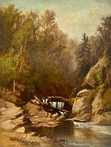 Julie Hart Beers Fishing near a Cascade, 1869