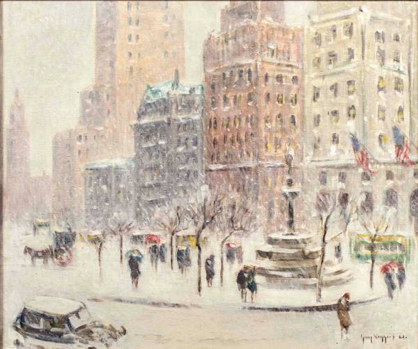 Guy Wiggins
Winter at the Plaza
Oil on canvas
25 x 30 inches
Signed lower right; inscribed with title, signed, and dated 1943 on verso Guy Wiggins Winter at the Plaza