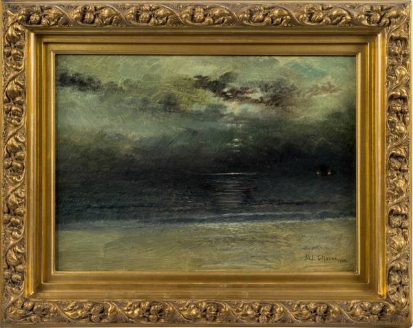 Mary Lord Stevens (1833-1920)
Dusk at Sea
Oil on paper mounted to board
10 x 14 inches
Signed and dated 1903, lower right Mary Lord Stevens Dusk at Sea framed