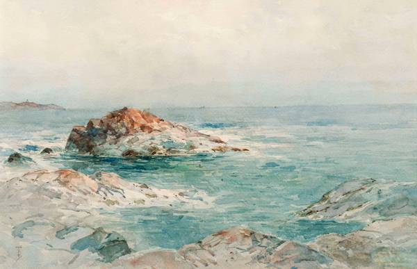 Alfred T. Bricher (1837-1908)
Low Tide, Indian Rock, Narragansett, RI
Watercolor on paper
12 ½ x 19 1/4 inches
Signed lower left Alfred T. Bricher Low Tide, Indian Rock, Narragansett, Rhode Island Unframed