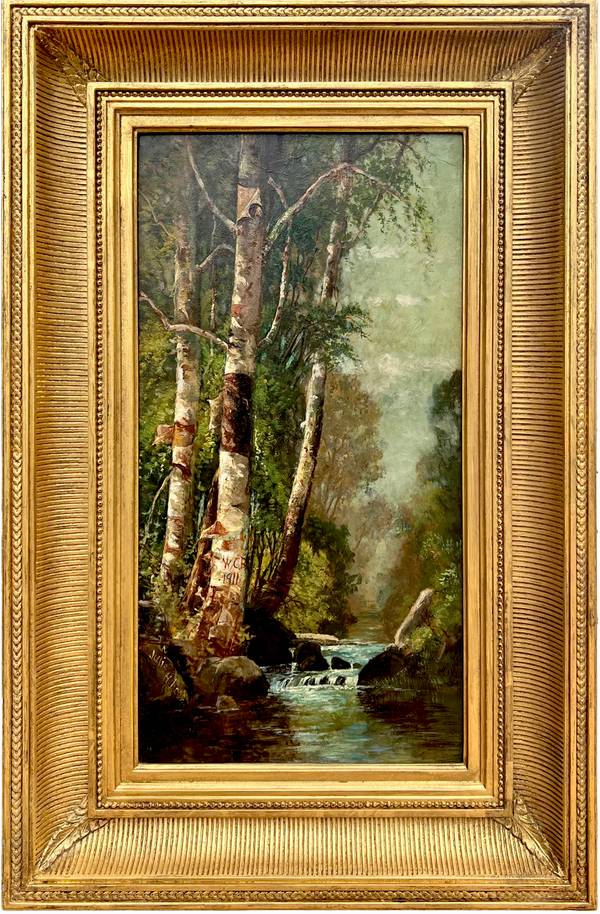 Julie Hart Beers (1835-1913) Birch Trees beside a Brook Oil on board 20 x 10 inches Signed lower left; Inscribed W.C.B. 1911 on tree Julie Hart Beers Birch Trees beside a Brook