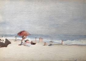 Miss. M.J. Whaley (American 1871-1938)
Beach Scene at Coney Island, 1905
Watercolor on paper
10 1/8 x 14 1/4 inches
Signed and dated lower right: M.J. Whaley Miss M. J. Whaley Beach Scene at Coney Island
