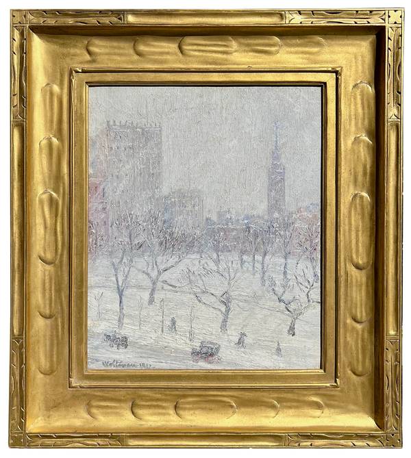 Harry Franklin Waltman (1871-1951) The Christmas Snow, Madison Square, Oil on canvas laid on board 16 x 13 inches igned and dated 1912, lower left, Inscribed with title, verso Harry Franklin Waltman The Christmas Snow, Madison Square
