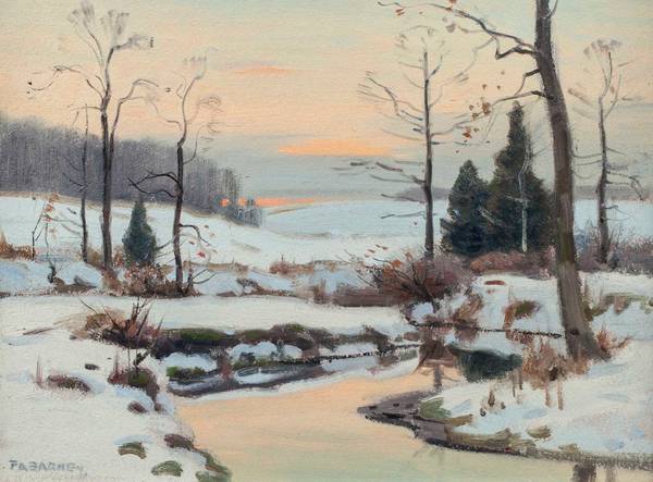 Frank Barney (1862-1954)
Winter Landscape
Oil on canvasboard
12 x 16 inches
Signed lower left Frank Barney Winter Landscape Unframed