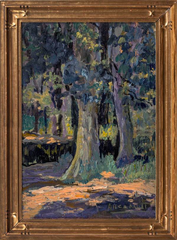 Alice Lolita Muth (1887-1952) Cypress Trees
Oil on Canvas
13¾ x 9½ inches Signed lower right Alice Lolita Muth Cypress Trees framed