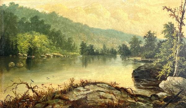 Virginia Chandler Titcomb (1838-1912) Boating in the Adirondacks Oil on Board 7 x 13 Inches Signed on original label, verso Virginia Chandler Titcomb Boating in the Adirondacks