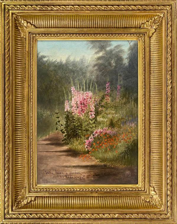 Marion "Minnie" Robertson Beers Brush Hollyhocks along a Garden Path