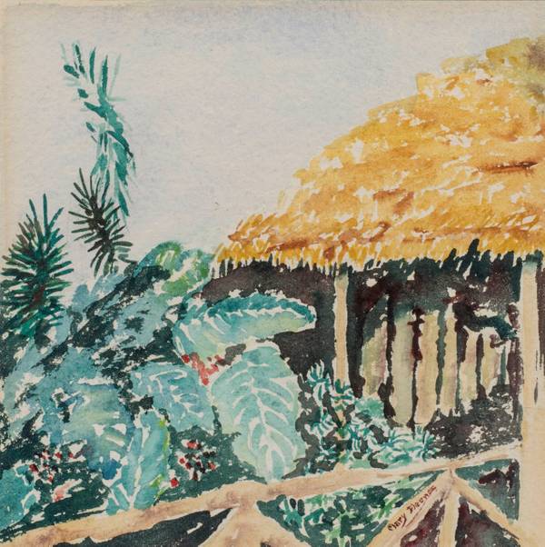 Mary Fleener Thatch House Hawaii 1950 unframed
