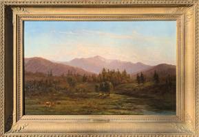Ann Sophia Towne Darrah (1819-1881)
A View of the Androscoggin River Valley, White Mountains, New Hampshire
Oil on board
23 ½ x 37 inches
Signed lower left, titled verso Ann Sophia Towne Darrah A View of the Androscoggin River Valley, White Mountains, New Hampshire