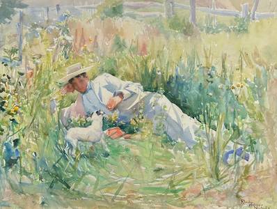 Rhoda Holmes Nicholls (1854-1930) Reclining Lady with Dog Watercolor on paper 15 ½ x 12 ¼ (window) /13 x 16 ¼ (mat) Signed Rhoda Holmes Nicholls at lower right Rhoda Holmes Nicholls Reclining Lady with Dog