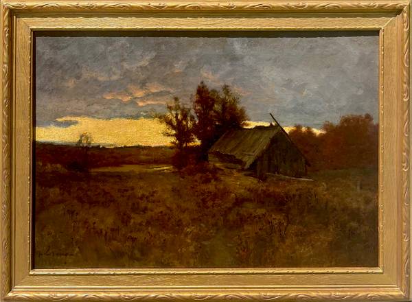 Mary Loring Warner (1860-1950) Barn at Sunset Oil on canvas 14 x 20 inches Signed and dated 1887, lower left; Inscribed DeHaven verso Mary Loring Warner Barn at Sunset