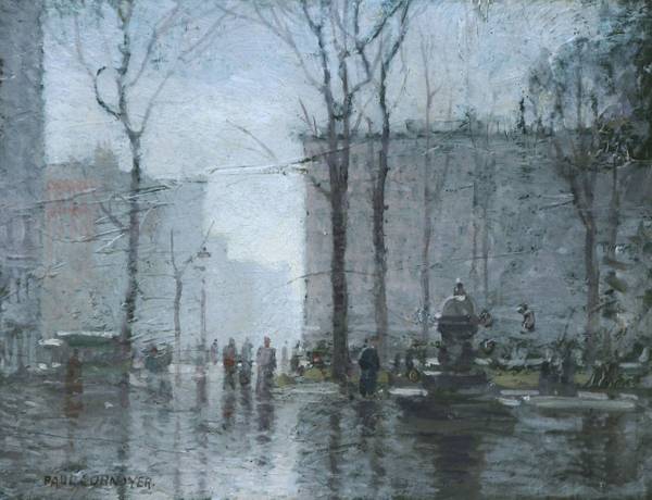 Paul Cornoyer (1864‒1923)
Rainy Day, Madison Square Park, New York City
Oil on panel
5 ¾ x 7 ¾ inches
Signed lower left Paul Cornoyer Rainy Day, Madison Square Park, New York City unframed