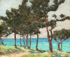 CLARK GREENWOOD VOORHEES (1871-1933)
Cedar Trees at Whale Bay
Oil on board
17 ¾ x 21 15/16 inches
Signed lower center Clark Greenwood Voorhees Cedar Trees at Whale Bay