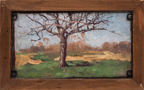 ADELE FRANCES BEDELL (1861-1957)
Landscape with Tree (verso)
Oil on panel
3 7/16 x 6 1/4 inches
Unsigned Bedell_LandscapeWithTree_Verso_framed
