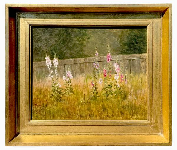 Marion “Minnie” Robertson Beers Brush Hollyhocks beside Fence