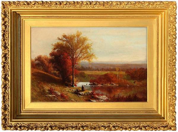 Julie Hart Beers (1835-1913) Autumn Picnic in the Hudson ValleyOil on canvas 11 1/2 x 17 1/2 inches Signed lower left Julie Hart Beers Autumn Picnic in the Hudson Valley