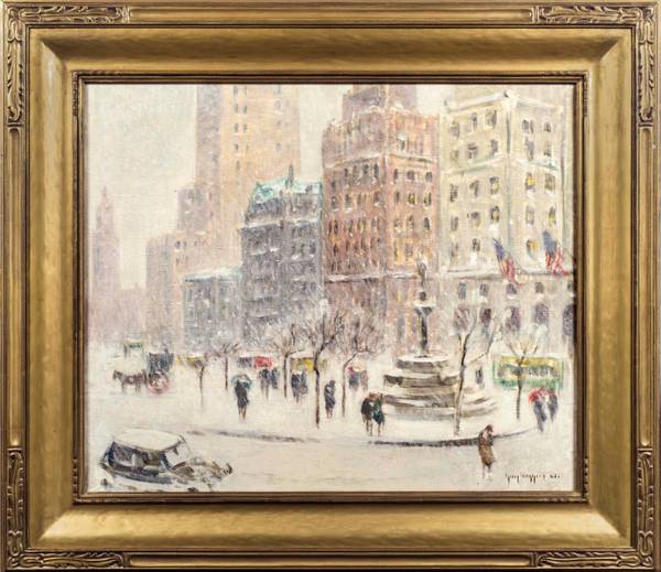 Guy Wiggins
Winter at the Plaza
Oil on canvas
25 x 30 inches
Signed lower right; inscribed with title, signed, and dated 1943 on verso Guy Wiggins Winter at the Plaza