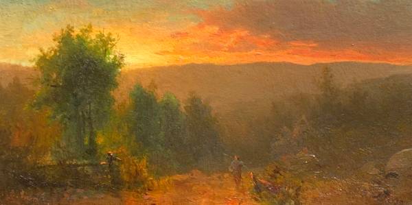 Carl (Charles) August Sommer (1829-1894)
Sunset in the Catskills, c. 1860
Oil on board
6 ¾ x 13 ¼ inches
Signed lower left Carl (Charles) August Sommer Sunlight in the Catskills, c. 1860