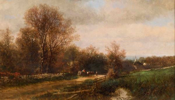 James McDougal Hart (1828 - 1901)
A Day in November, 1863
Oil on canvas
10 ½ x 18 inches
Signed and dated 1863, lower left
Inscribed with title and dated 1863, verso James McDougal Hart A Day in November, 1863 unframed