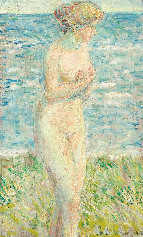 CHILDE HASSAM (1859-1935)
A Bather, Silver Beach Grass, 1918
Oil on panel
9 5/16 x 5 9/16 inches
Signed and dated lower right: Childe Hassam / 1918 HASSAM_Bather_Unframed_Large.jpg