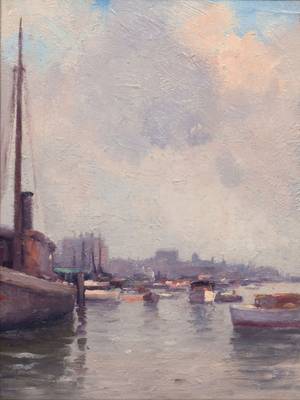 GUSTAVE WOLFF
(1863-1935)
Calm Afternoon, 79th Street Boat
Basin, Manhattan
Oil on canvas
16 x 12 inches
Estate stamp verso Brought to Light