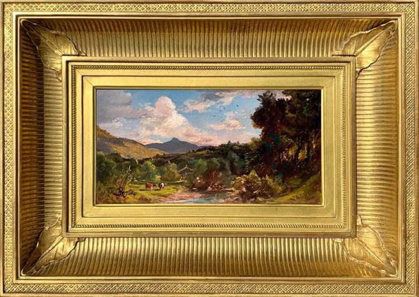 Dewitt Clinton Boutelle (1820-1884)
View in the White Mountains, Mount Chocorua, 1866
Oil on heavy paper board
5 ½ x 10 inches
Signed lower right: Boutelle, and dated 1866 DeWitt Clinton Boutelle View in the White Mountains, Mount Chocorua, 1866