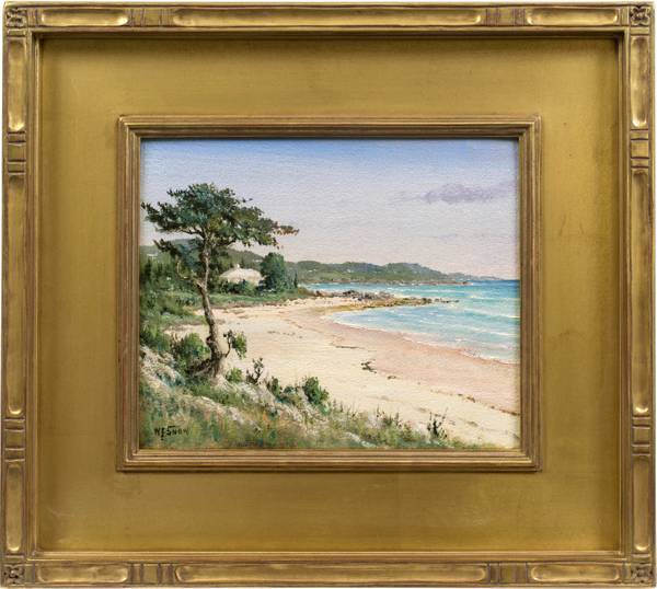 Warren Francis Snow (1869—1962)
Bermuda Beach with Cedar and House
Oil on board
8 3/16 x 10 inches
Signed in lower left corner: W.F. Snow
Inscribed and dated on verso: Bermuda/1940 Snow, Walter Francis_Bermuda Beach with Cedar and House.jpg