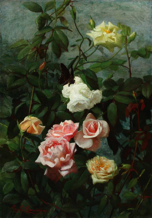 George Cochran Lambdin Still-life of Roses and Butterfly