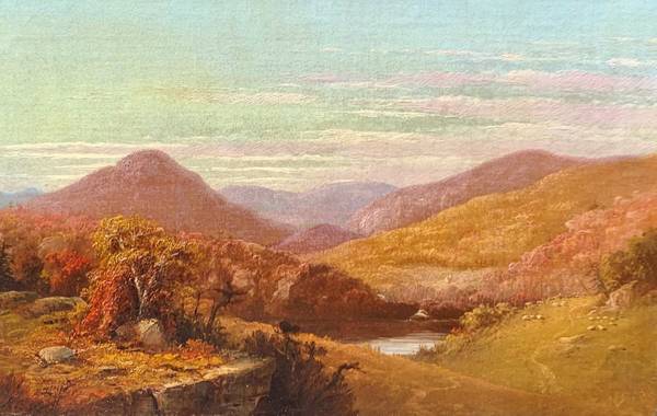 John Williamson (1826-1885) Catskill Clove, 1858 Oil on canvas 9 x 14 inchesSigned lower left Signed again, dated 1858 and inscribed with location, verso John Williamson Catskill Clove 1858