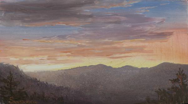 Lauren Sansaricq (b. 1990)
Sunset in the White Mountains, 2011
Oil on panel
4 1/2 x 8 inches
Signed lower left Lauren Sansaricq Sunset in the White Mountains Unframed