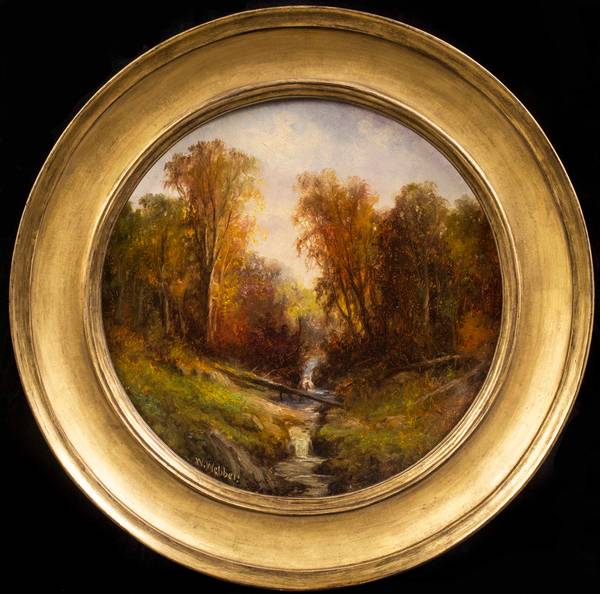 WESLEY WEBBER (1839-1914)
Autumn Stream
Oil on concave composition board
12 inches diameter
Signed lower left Wesley Webber Autumn Stream Framed