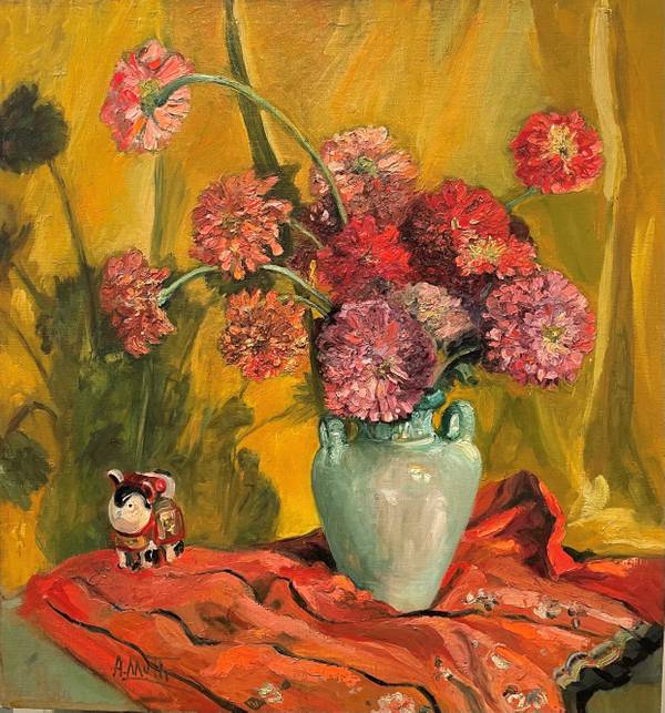 Alice Lolita Muth (1887-1952) Still-life of Oeillets and Figurine Oil on canvas 31 3/8 x 29 3/8 inches Signed lower right Alice Lolita Muth Still-life of Oeillets and Figurine