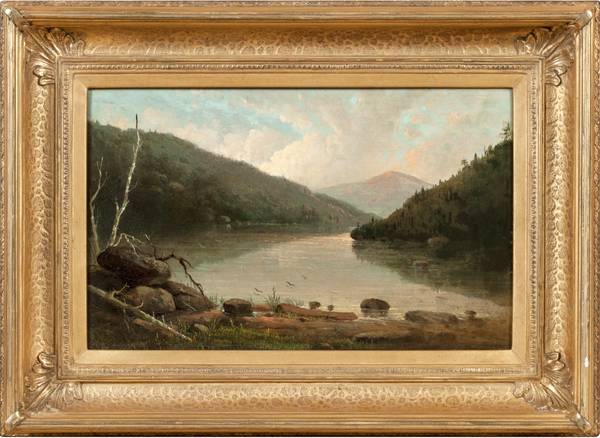 VIRGINIA CHANDLER TITCOMB (1838-1912)In the Catskills, Looking Towards Hunter MountainOil on canvas9 x 14 inchesInscribed with title and initials on stretcher, verso Virginia Chandler Titcomb In the Catskills, Looking Towards Hunter Mountain
