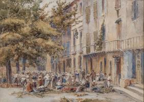 Florence Vincent Robinson (1874-1937)
A Market Place, Collioure, Southern France, Ca. 1890-1900
Watercolor on paper
11 x 15 inches (sight size)
Signed lower right Florence Vincent Robinson A Market Place, Collioure, Southern France Unframed