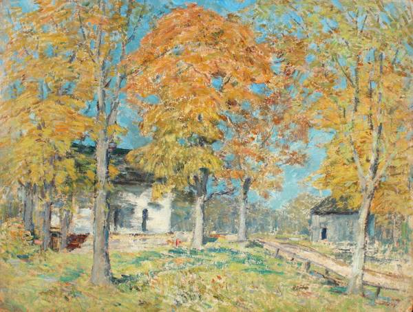 Clark Greenwood Voorhees (1871-1933) Farmhouse in Autumn Oil on board 18 x 24 inches Estate stamp verso Clark Greenwood Voorhees Farmhouse in Autumn