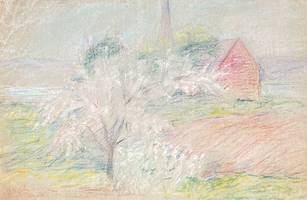 Carolyn Campbell Mase (1858-1948) Landscape with Church Pastel and pencil on paper mounted to board 12 ½ x 19 inches Signed lower left Carolyn Campbell Mase Landscape with Church