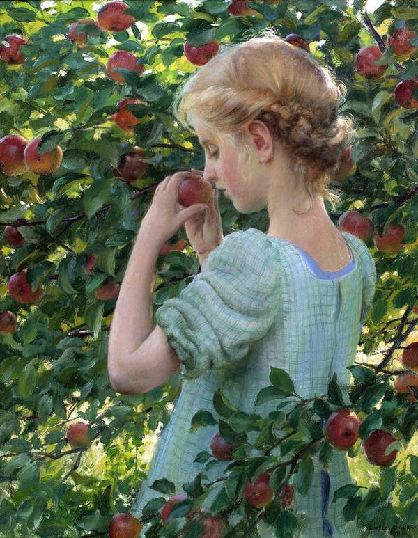CHARLES COURTNEY CURRAN (1861 - 1942)
Apple Perfume, 1911
Oil on canvas
22 x 18 inches
Signed and dated "CHARLES C. CURRAN·/1911" lower right
Titled, signed, and inscribed in pencil on the stretcher CURRAN_Apple _Final.jpg