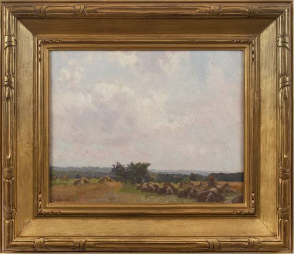 Robert Vonnoh (1858-1933)
Haystacks
Oil on panel
12 3/4 x 16 inches
Signed at lower left Robert Vonnoh Haystacks Framed
