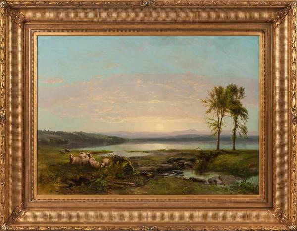 JAMES MCDOUGAL HART (1828–1901)
View of Lake Champlain, c. 1857
Oil on canvas
26 3/16 x 36 ¼ inches
Signed lower center James McDougal Hart Dawn of Morning Framed