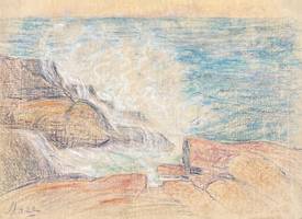 Carolyn Campbell Mase (1858-1948) Rocky Coast with Breaking Waves Pastel on paper mounted on board 10 x 13 15/16 inches Signed lower left Carolyn Campbell Mase Rocky Coast with Breaking Waves